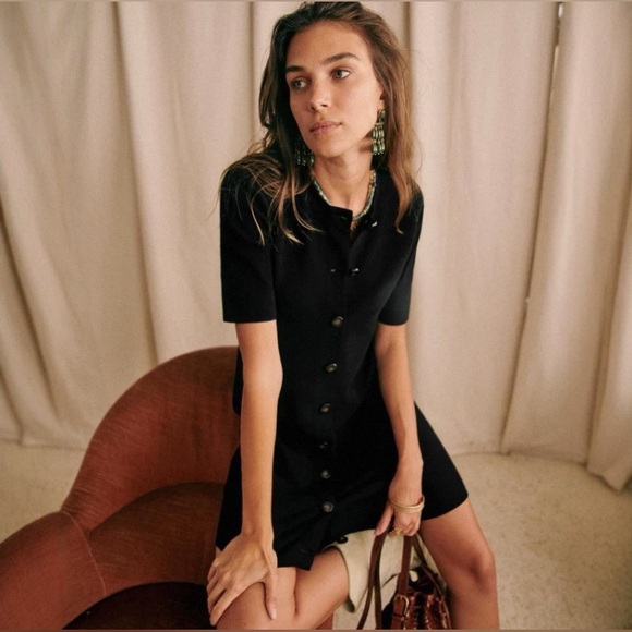 Sezane Ava Black Knit Mini Dress with Button Detail - Picture 2 of 10